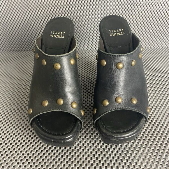 Stuart Weitzman Mules Womens 5.5 Black Leather Platform Heeled Made In Spain - Picture 5 of 15